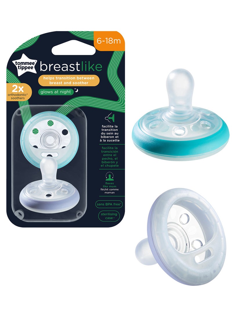 Tommee Tippee Pack Of 2 Dummies Breast-Like Soother Night Dark Glow Skin-Like Texture Symmetrical Orthodontic Design BPA-Free